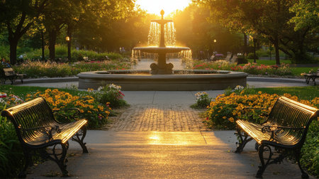 A quiet park at sunset with blooming flower beds, empty benches, and a central fountain reflecting golden lightの素材