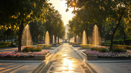An empty park square with symmetrical fountains and manicured flower beds bathed in warm evening lightの素材