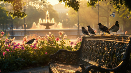 Birds perched on ornate park benches with a soft-lit fountain in the background and golden hour flowers bloomingの素材