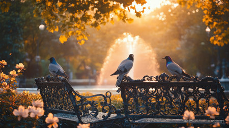 Birds perched on ornate park benches with a soft-lit fountain in the background and golden hour flowers bloomingの素材