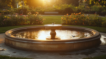 Golden-hour reflections in a circular fountain in a rose-filled park, with a few doves nearby and no peopleの素材