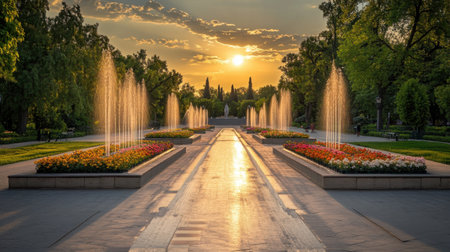 An empty park square with symmetrical fountains and manicured flower beds bathed in warm evening lightの素材