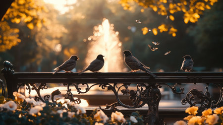 Birds perched on ornate park benches with a soft-lit fountain in the background and golden hour flowers bloomingの素材