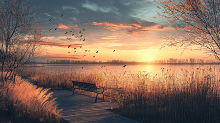 Garden park scene with tall ornamental grasses, birds fluttering near water, and empty benches under sunsetの素材