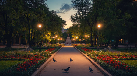 Peaceful evening in a city park with symmetrical flower beds, pigeons on the ground, and an empty walking pathの素材