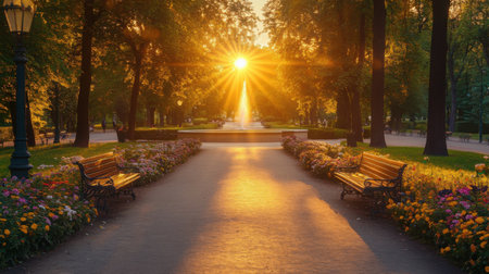 Empty park pathway lined with benches and flowerbeds, leading to a fountain glowing in the sunsetの素材