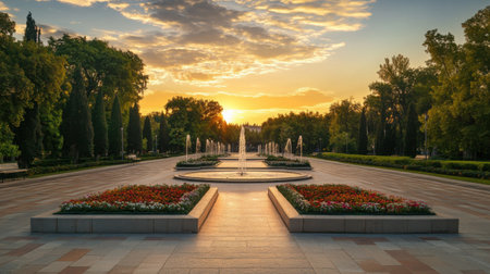 An empty park square with symmetrical fountains and manicured flower beds bathed in warm evening lightの素材