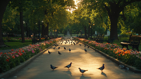 Peaceful evening in a city park with symmetrical flower beds, pigeons on the ground, and an empty walking pathの素材