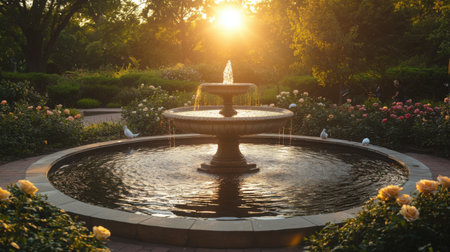 Golden-hour reflections in a circular fountain in a rose-filled park, with a few doves nearby and no peopleの素材