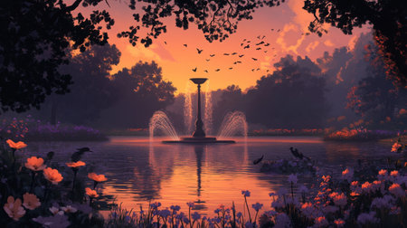 A still park pond with a fountain in the center, surrounded by blooming flowers and silhouetted birds at duskの素材