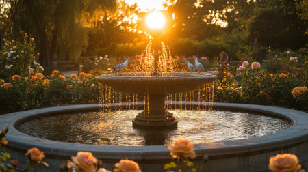 Golden-hour reflections in a circular fountain in a rose-filled park, with a few doves nearby and no peopleの素材