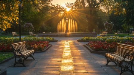 Empty park pathway lined with benches and flowerbeds, leading to a fountain glowing in the sunsetの素材