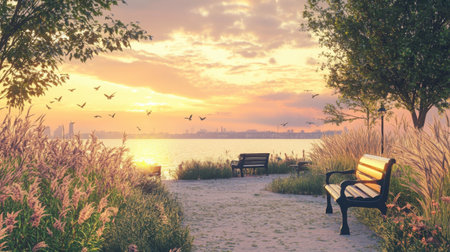 Garden park scene with tall ornamental grasses, birds fluttering near water, and empty benches under sunsetの素材