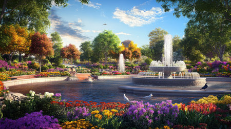 Panoramic view of a landscaped park with fountains, vibrant flowers, and a few birds in the foregroundの素材