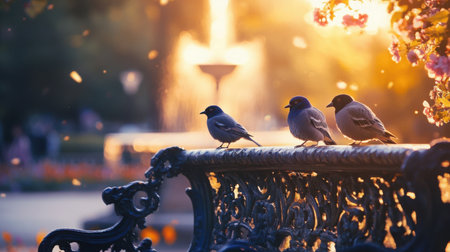 Birds perched on ornate park benches with a soft-lit fountain in the background and golden hour flowers bloomingの素材