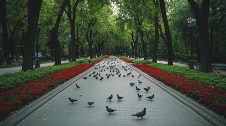 Peaceful evening in a city park with symmetrical flower beds, pigeons on the ground, and an empty walking pathの素材