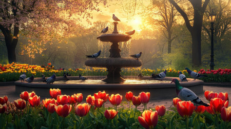 A serene park scene with pigeons near a water fountain, surrounded by tulips and trees under sunset skiesの素材