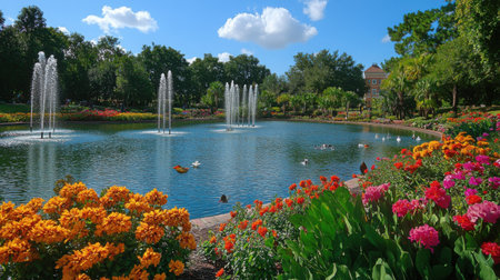 Panoramic view of a landscaped park with fountains, vibrant flowers, and a few birds in the foregroundの素材