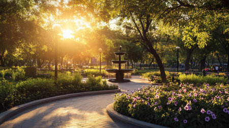 Tranquil park with winding paths, birds drinking from a small fountain, and petunias blooming under sunset huesの素材