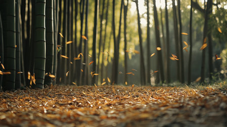 Tranquil bamboo forest edge with grass and dry leaves blowing across the ground in warm sunlightの素材