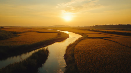 Endless rice fields under golden hour skies, a narrow river winding silently through the rural landscapeの素材