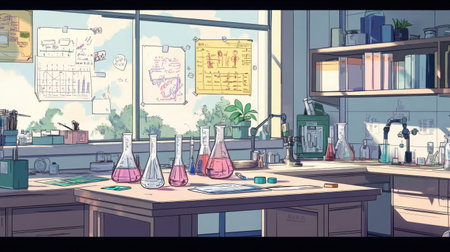 Cartoon science lab in a Japanese school with flasks, charts, and clean desks, filled with soft anime coloringの素材