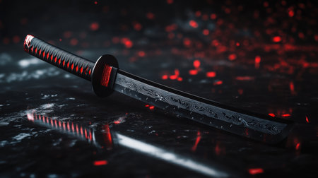 A black katana with red accents and a modern scabbard, placed on a reflective surface with moody lightingの素材