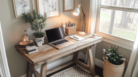 Cozy home office desk setup in a corner with natural wood, neutral decor, and a laptop ready for workの素材
