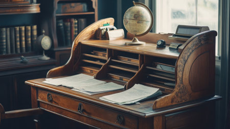 Vintage roll-top desk with open compartments, stacked papers, and a globe on top for a nostalgic feelの素材