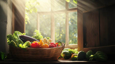Farmhouse kitchen setup with a wooden basket of vegetables placed near an open window, sunlight pouring in warmlyの素材