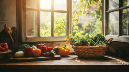 Farmhouse kitchen setup with a wooden basket of vegetables placed near an open window, sunlight pouring in warmlyの素材