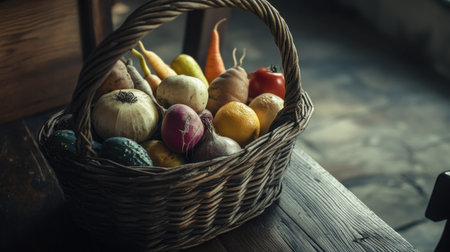 Close-up of assorted organic vegetables in a rustic basket placed on a farmhouse table, natural textures and warm tones emphasizedの素材