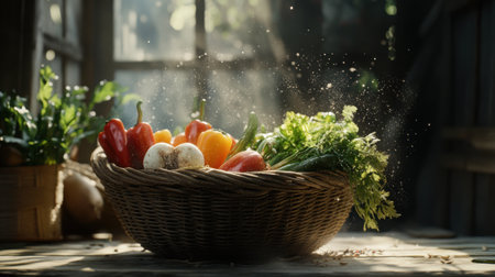 Freshly harvested vegetables in a deep wicker basket on a reclaimed wood table, dust motes in the air catching the morning sunの素材