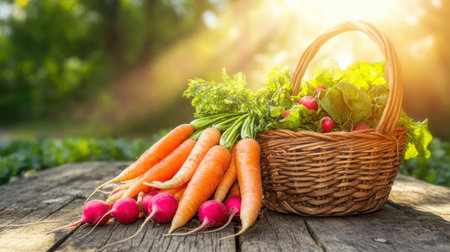 Rustic basket overflowing with fresh organic veggies like carrots, radishes, and greens on a farmhouse table, sun rays creating a soft glowの素材