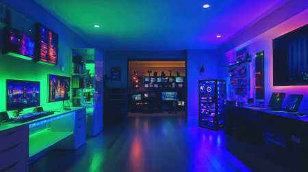 Gamer room illuminated by green and blue LED lights, clean PC build with glass panels showing off high-end componentsの素材