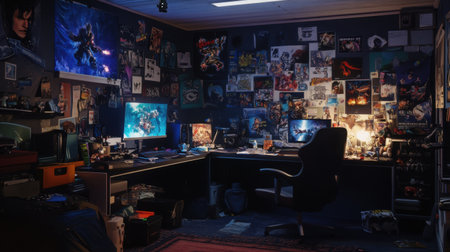 Teenager's gamer room with a cluttered desk, gaming console, posters of video game characters, and mood lightingの素材