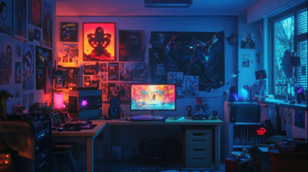 Teenager's gamer room with a cluttered desk, gaming console, posters of video game characters, and mood lightingの素材
