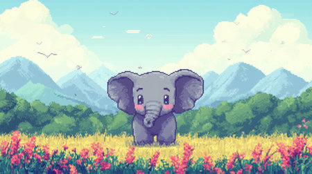 8-bit chibi baby elephant in a calm adventure game scene, front view, with a dreamy heather field and vintage game UIの素材