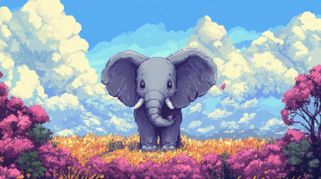 Front view of a chibi elephant character in an 8-bit pixel world, standing in a lush heather field with whimsical cloudsの素材
