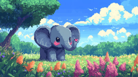 Chibi baby elephant in 8-bit pixel art, standing happily in a magical heather field with a colorful Nintendo-style backdropの素材