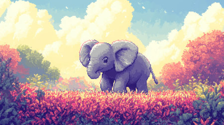 Baby elephant in 8-bit pixel form, standing calmly in a colorful heather field, styled like a Nintendo RPG overworld screen --ar 16:9の素材