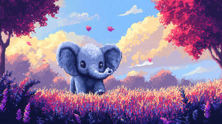 Chibi baby elephant in 8-bit pixel art, standing happily in a magical heather field with a colorful Nintendo-style backdropの素材