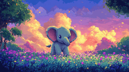 Chibi baby elephant in 8-bit pixel art, standing happily in a magical heather field with a colorful Nintendo-style backdropの素材