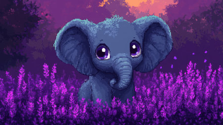 Chibi baby elephant with big eyes and floppy ears in pixel art style, standing in a purple heather field with retro game graphicsの素材