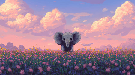 Game screenshot with 8-bit baby elephant front and center, background filled with blooming heather and pastel skiesの素材
