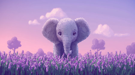 Adorable baby elephant in 8-bit style, front-facing, in a serene pixel world with lavender heather and soft lightingの素材
