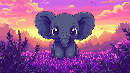 Chibi baby elephant with big eyes and floppy ears in pixel art style, standing in a purple heather field with retro game graphicsの素材