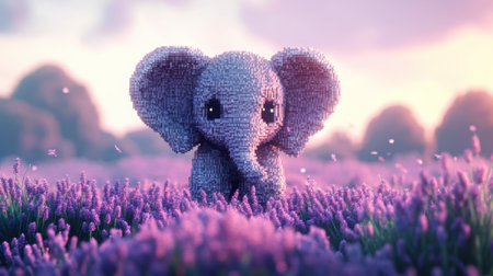 Adorable baby elephant in 8-bit style, front-facing, in a serene pixel world with lavender heather and soft lightingの素材