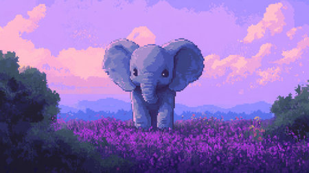 8-bit pixel art of a chibi baby elephant facing forward, standing on heather-covered terrain with soft purple tones, Nintendo-style game screenshotの素材
