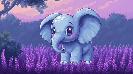Chibi baby elephant with big eyes and floppy ears in pixel art style, standing in a purple heather field with retro game graphicsの素材